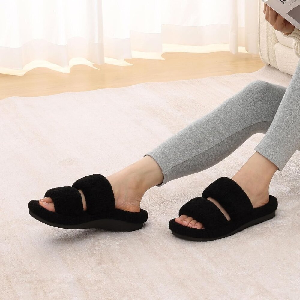 Women's Black Fuzzy House Slippers with Moderate Arch Support Open Toe Cozy - Picture 3 of 6